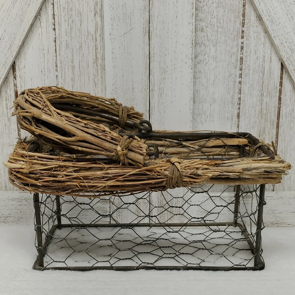 Grapevine & Twigs Wire Basket with Handle Chicken Wire Basket Vineyard Country